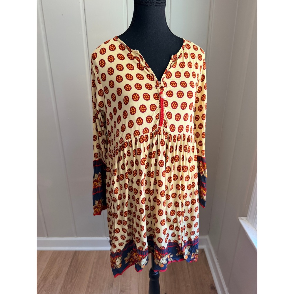 Khaadi Women Yellow Red Geometric Print Boho Tunic Dress Bell Sleeve Size 8